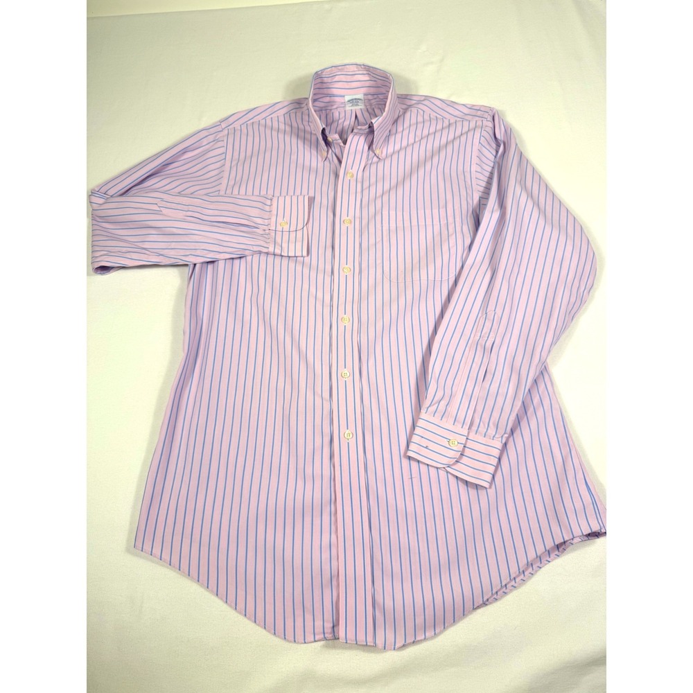 Brooks Brothers Mens Shirt 16-34 Pink Blue Striped Slim Fit Non-Iron Cotton Prep
